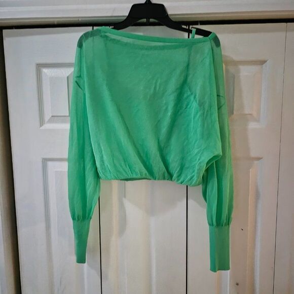 Express Women's Green Sheer Boat Neck Dolman Sleeve Cropped Sweater Size Medium - Picture 5 of 12
